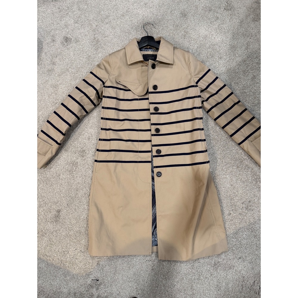 Vintageโ J. Crew Tan Navy Stripe Trench Coat Jacket Nautical Style Size 0